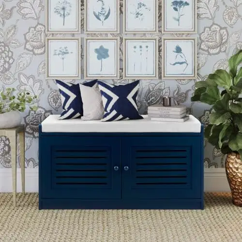 

Storage Bench White - Cushion Seat - Adjustable Shelves - Soft-Close Hinges - for Comfort & Style, Perfect for Entryway Firs