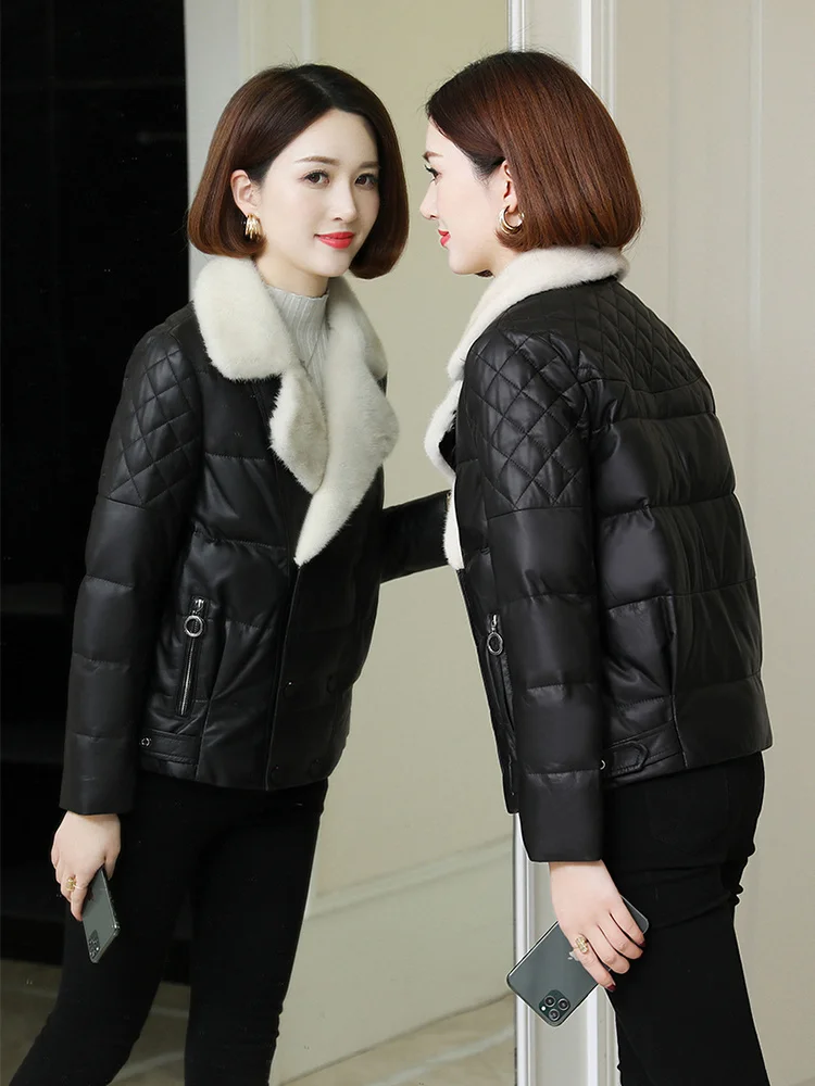

2023Leather jacket,Genuine Sheepskin Leather Jacket Women 90% White Duck Down Women's Winter Jackets Mink Fur Collar Women's Coa