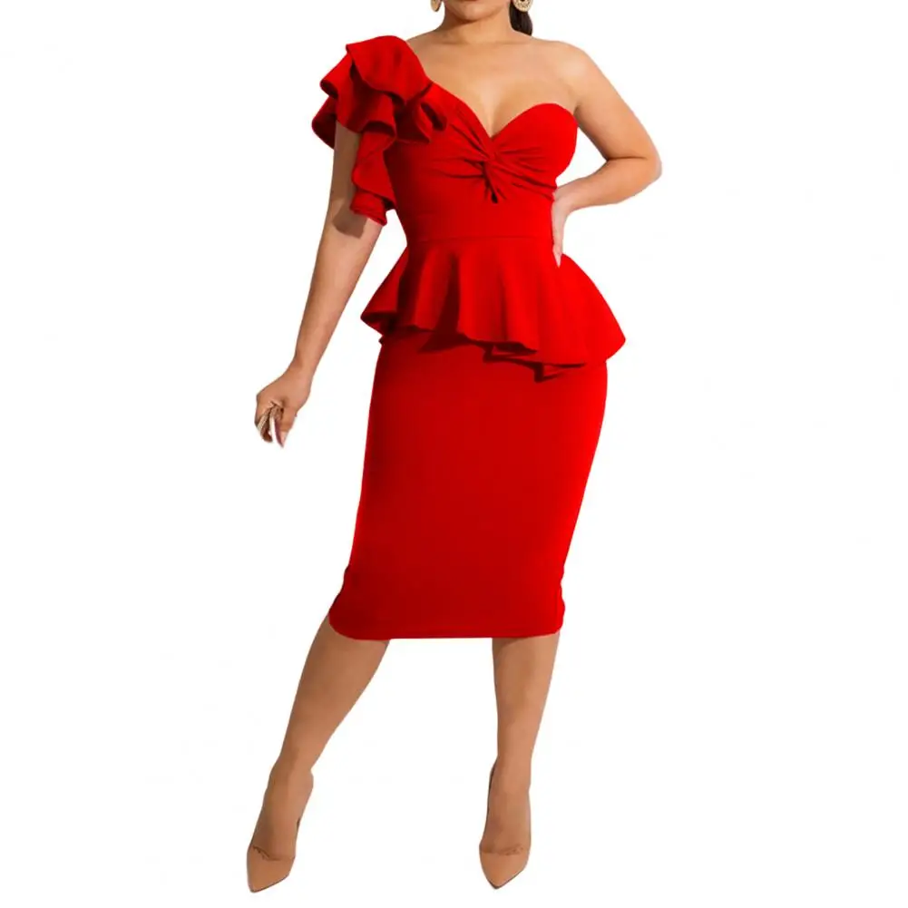 

Formal Dress Bodycon Dress Slit Hip Wrap Single Shoulder Wedding Dress Slit Knee Length Dress vestidos elegantes para mujer