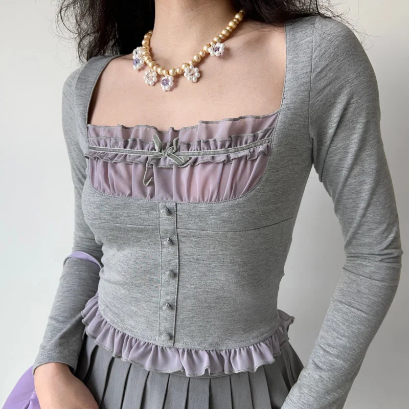 

Женская Повседневная Модная стильная облегающая футболка WOMONGAGA 2022 с длинными рукавами и квадратным вырезом, милый женский пуловер, Топ SATX