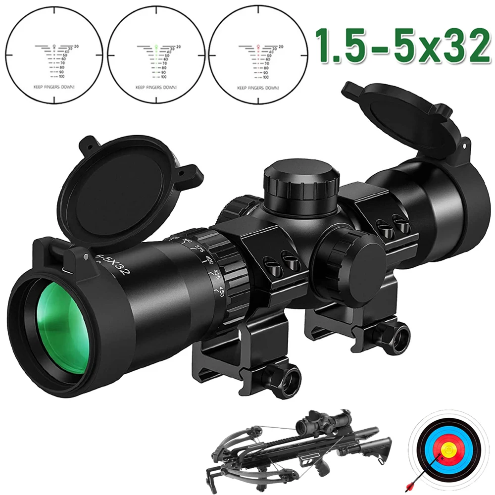 1.5-5X32 Crossbow Scope Tactical Red Green Dot Glow Optical Sight 100 Yards Range Finder Reticle Hunting Rifle Scope ​for 11/20