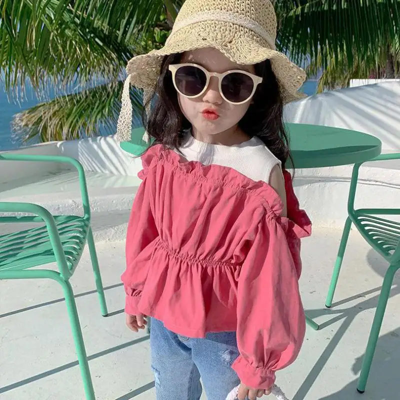 

Toddler Girls Patchwork Blouses Cotton Shirts Korean Kids Puff Sleeve Tops Ruffles Spring Autumn Baby Girls Off Shoulder Blouse