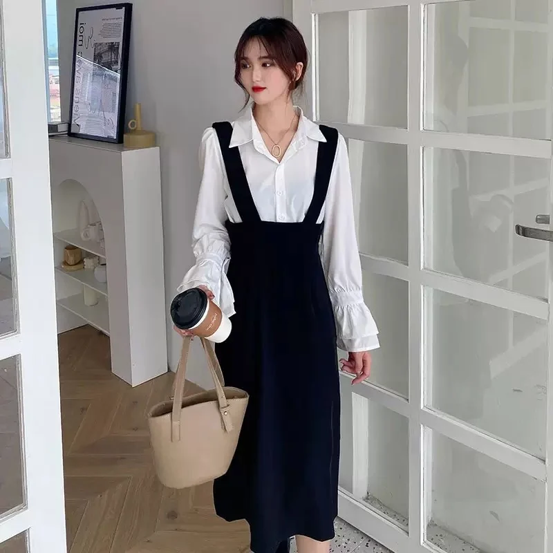 

Spring Autumn Women Clothing knee Length Casual Two pieces Korean Shirt+Dress Long Sleeve Dresses