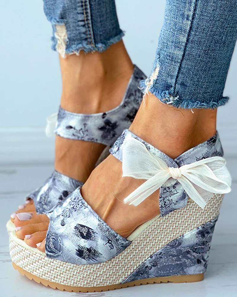 Women Fashion Summer Casual Daily Wear Shoes Floral Pattern Print Bowknot Decor Espadrille Wedge Sandals