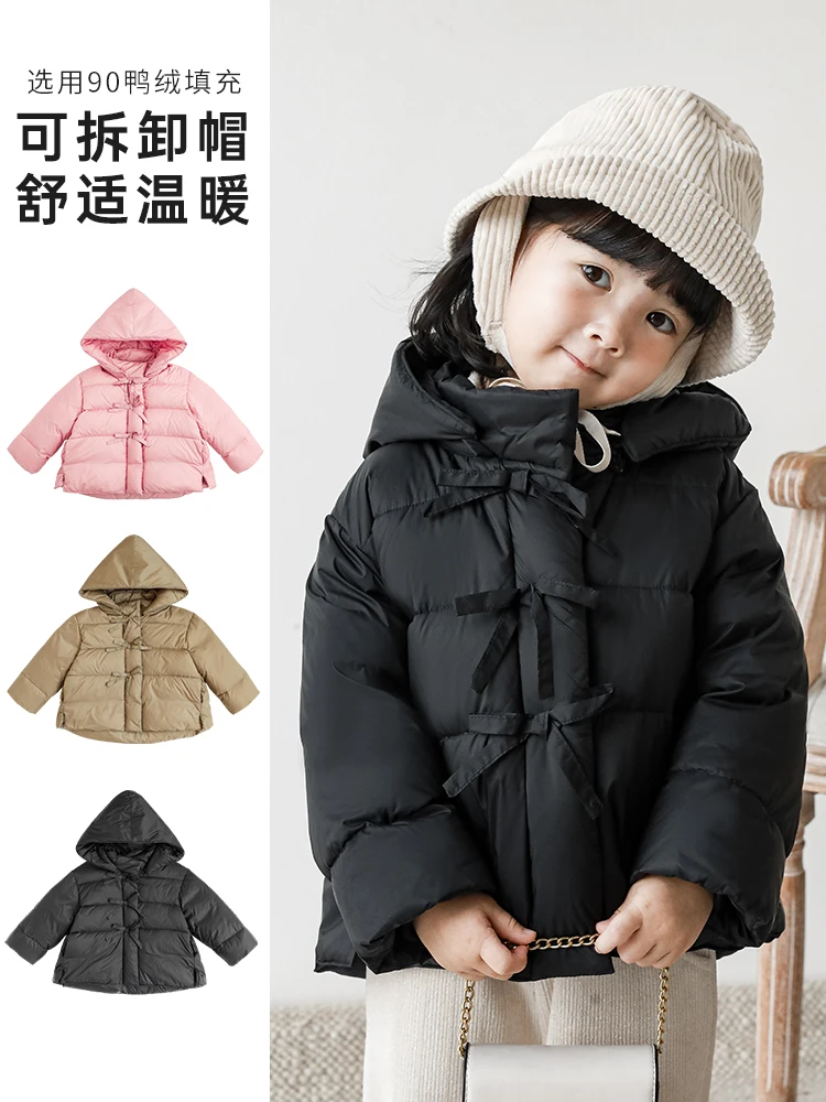 

Girls' Winter White Duck Down Down Jacket Bow Knot Detachable Hooded Baby's Solid Color Windproof Warm Coat