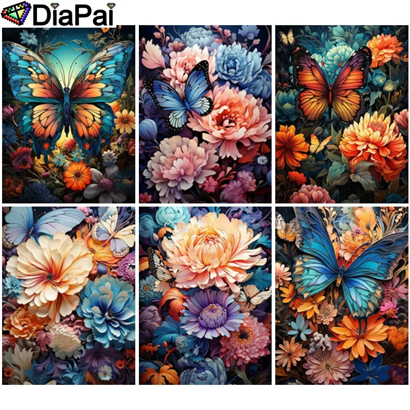 

DIAPAI Diamond Painting Cross Stitch Pattern 5D Diamond Embroidery "Scenery Chrysanthemum Butterfly" Home Decor DIY diamond Art