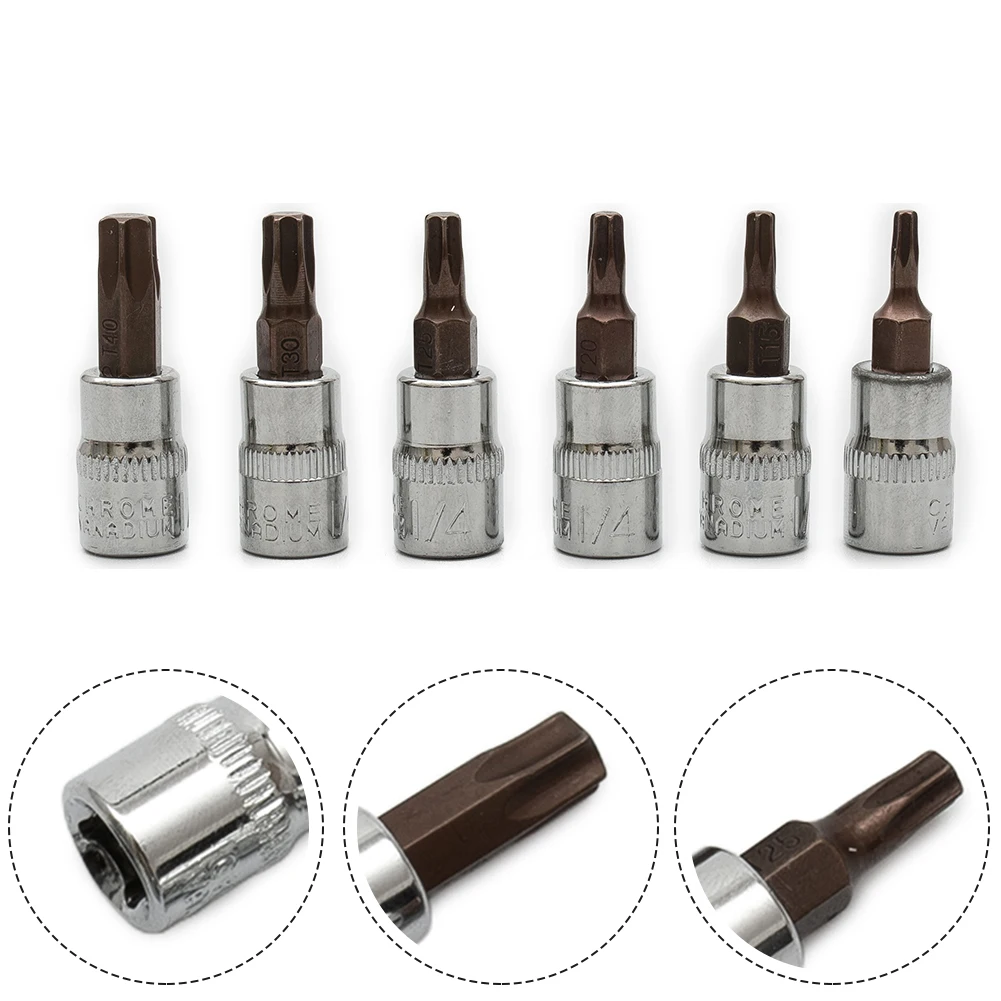 

6 Pcs 1/4 In Torx Screwdriver Sockets Bits Set Drive Head T10 T15 T20 T25 T30 T40 Chrome Vanadium Steel Screwdrivers Socket