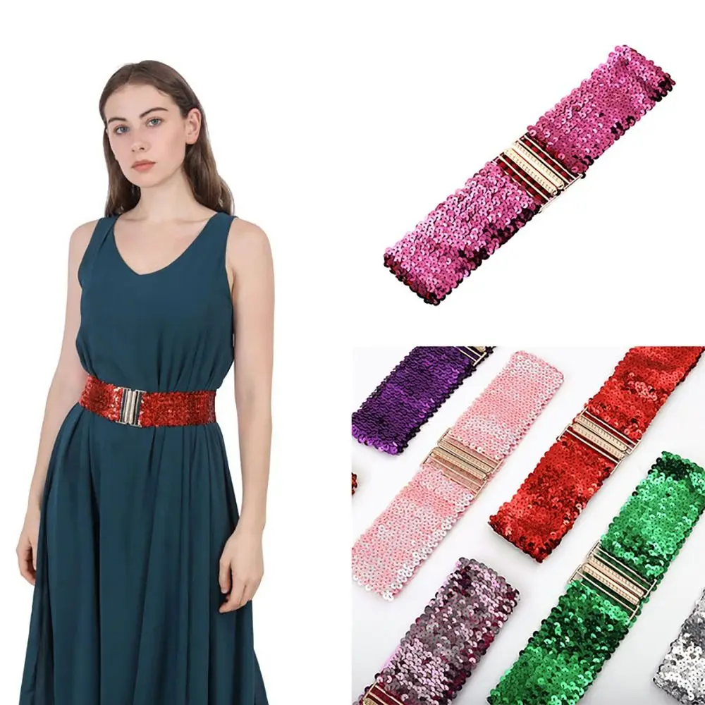 

Gold Buckle Sequin Stretch Belt Special Design Eye Catching Elastic Shinny Waistband 60cm Wide Waist Belt Women Girl