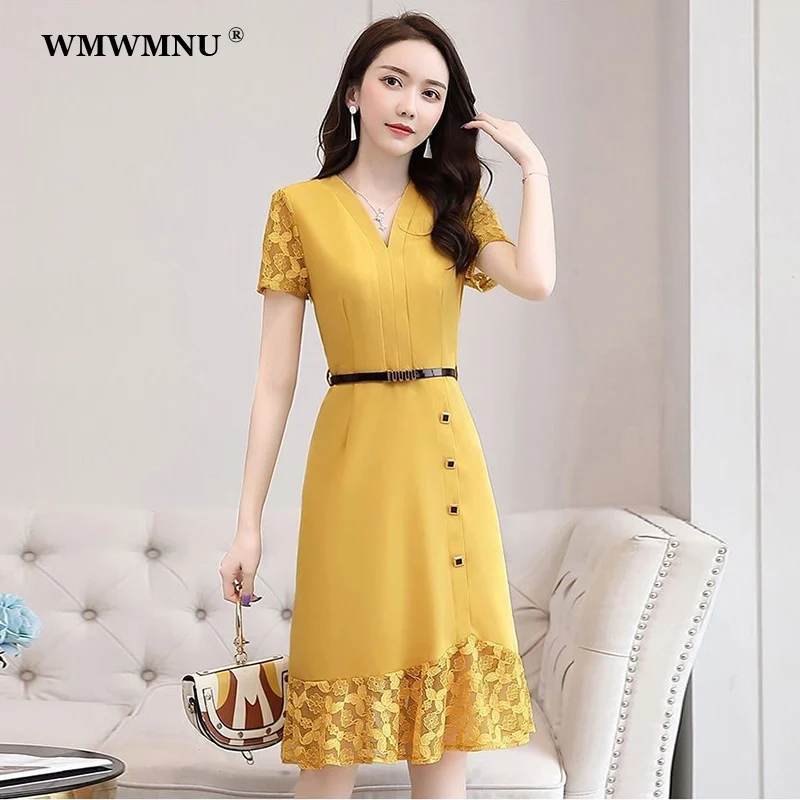 

Elegant Ruffles Lace Short Sleeve Dress Women Summer Korean Fashion Knee-Length Evening Dresses Robe Femme Vestidos De Fiesta