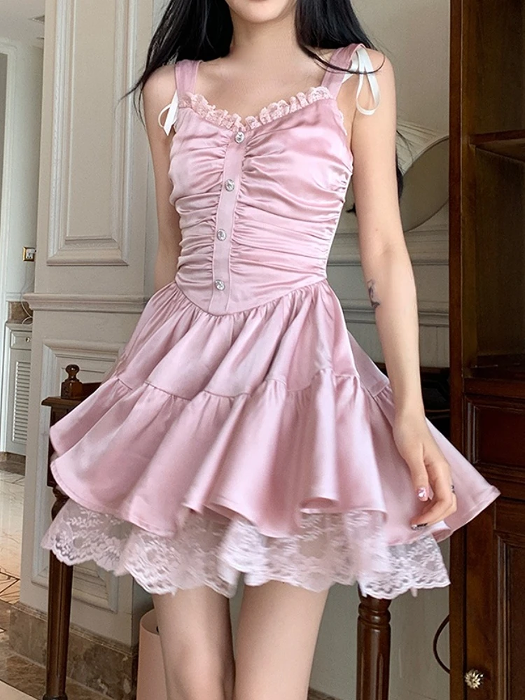 

Женское атласное мини-платье со складками, Розовое Кружевное Привлекательное платье в стиле «Лолита», модель Y2 K вечерние в Корейском стиле на лето, 2023