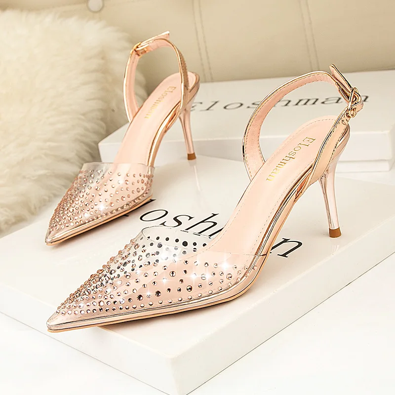 

Fashion Summer Pumps Women Party Shoes Pointed-toe Plus Size 34 -41 Transparent Womans Sandals Rhinestones Blingbling High Heels