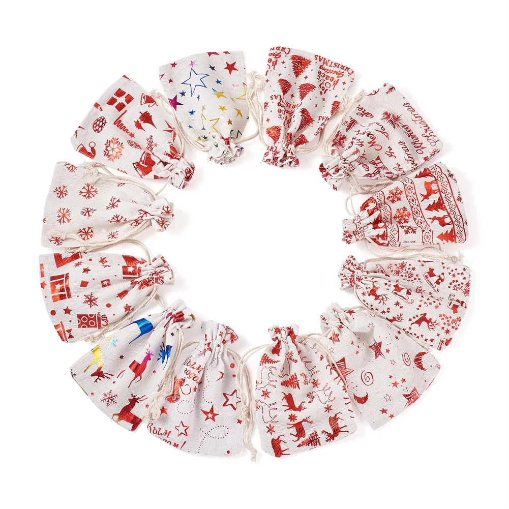24Pcs/set Christmas Theme Cotton Fabric Cloth Bag Drawstring Bags For Party Snack Gift Ornaments Diy Jewelry Storage 14x10cm