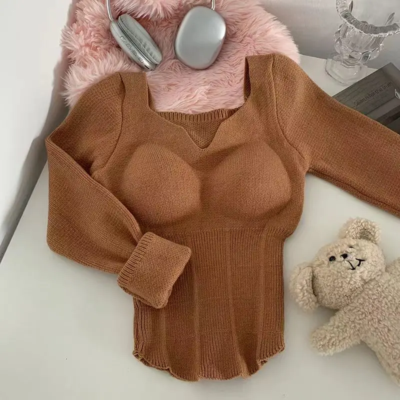 

Winter Warm Sweater Pullover Women Slim Knitwear Jumper Korean Low Collar Sweaters Skinny Soft Knit Tops With Bra