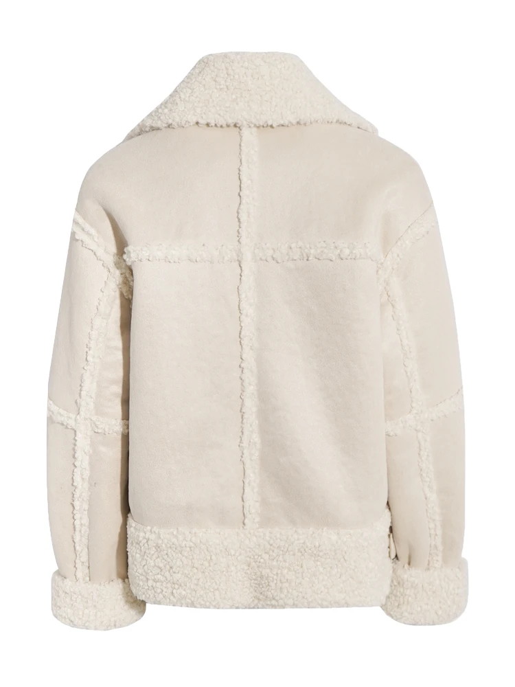 One-T 2022 Winter Women Faux Fur Plush Jackets Thick Fleece Warm Coats White Turn-Down Collar Zipper Fashion Casual Overcoats