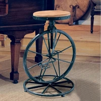 Industrial Style Creative Iron Bicycle Bar Chair Bar Stool Solid Wood Surface Lifting High Foot Wheel round Stool