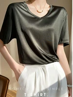 limiguyue satin tshirt women elegant oversized smooth luxury pullovers summer loose tees shirts simple japanese casual tops j607