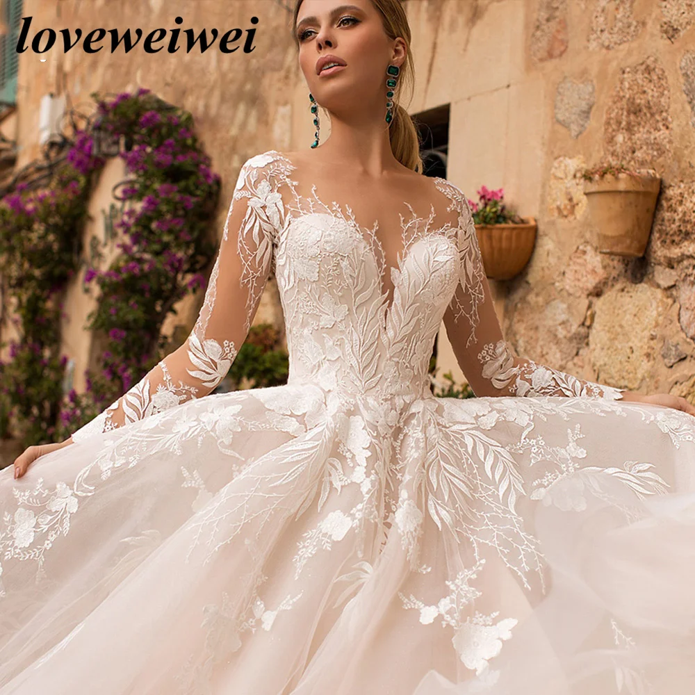 

Romantic Long Sleeve A-Line Wedding Dresses Button Illusion Appliques Robe De Mariee Bridal Robes Button Back Vestido De Noiva