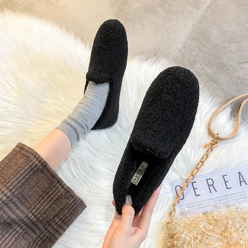 Lambswool flats cotton winter shoes for women solid round toe loafers slip on ladies shoes shallow fur moccasins plus size 34-43