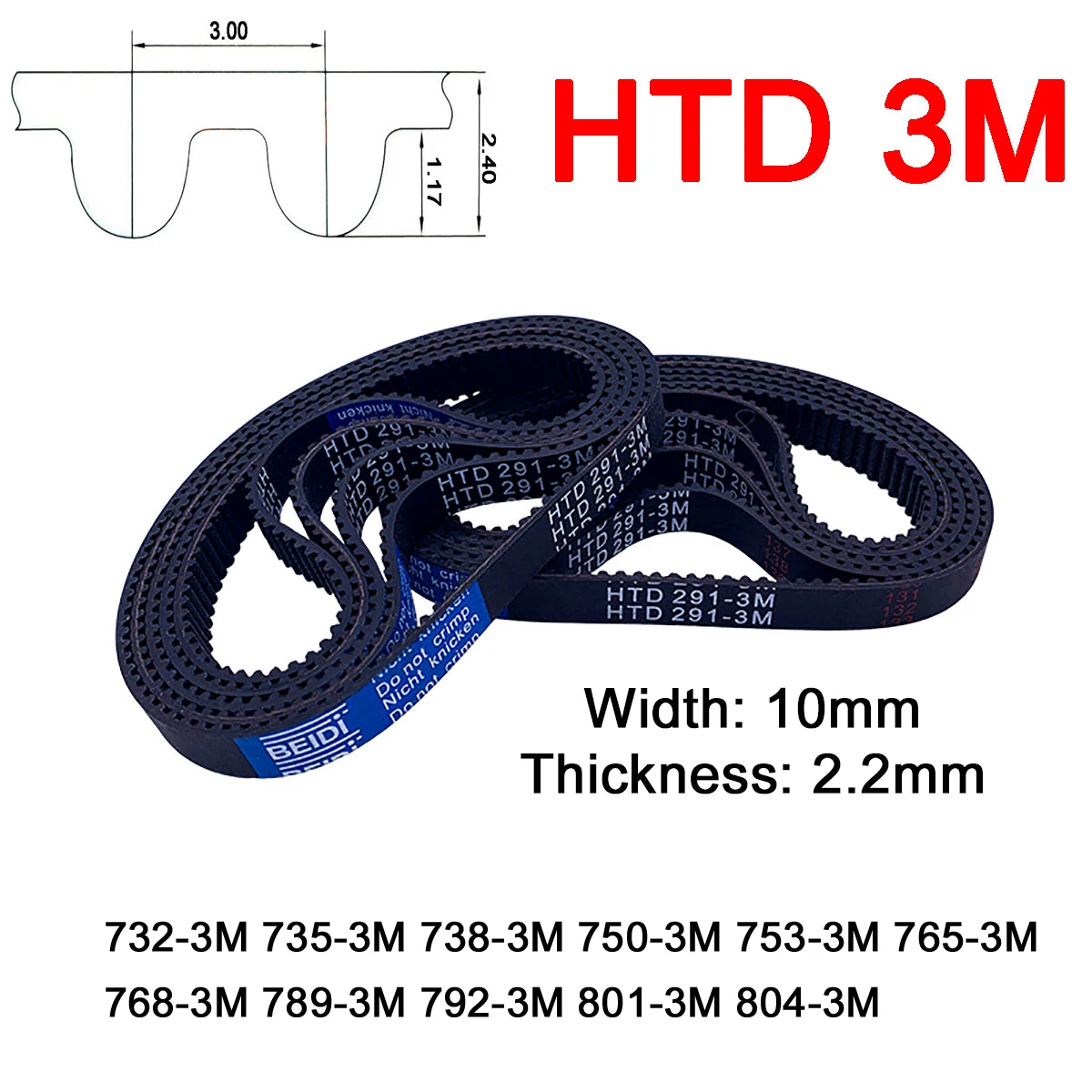 

1Pc Width 10mm 3M Rubber Arc Tooth Timing Belt Pitch Length 732 735 738 750 753 765 768 789 792 801 804mm Synchronous Belt