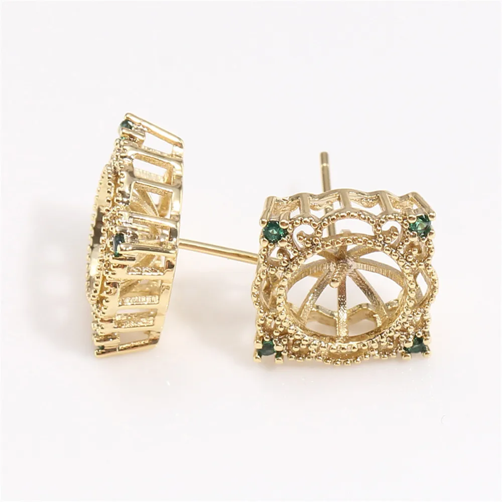 

Domestic Copper-clad Gold Plating Gold Technology Retro S925 Silver Needle Green Zircon Earrings with Pearl DIY Accessories