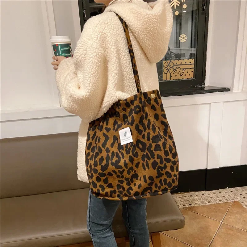 

Women Corduroy Shoulder Bags Canvas Lining Leopard Design Eco Cotton Cloth Handbag Cute Books Tote Handy Shopping Bag For Ladies