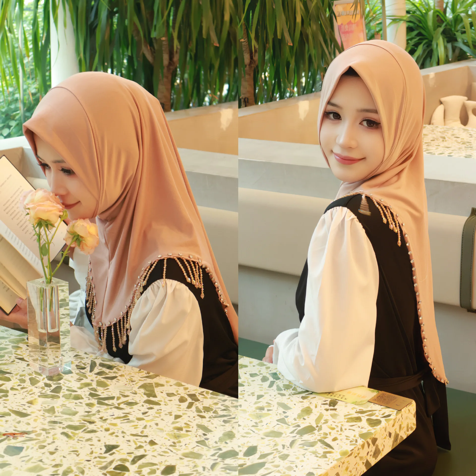 Мусульманский хиджаб с кисточками однотонный из бисера арабский женский