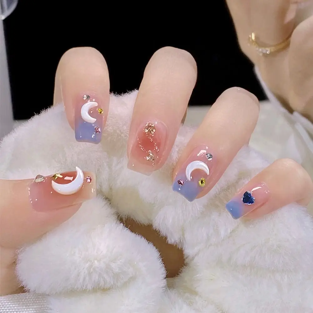

24pcs Press on Nails Full Cover Moon Star Bowkot Square Fake Nails French Short