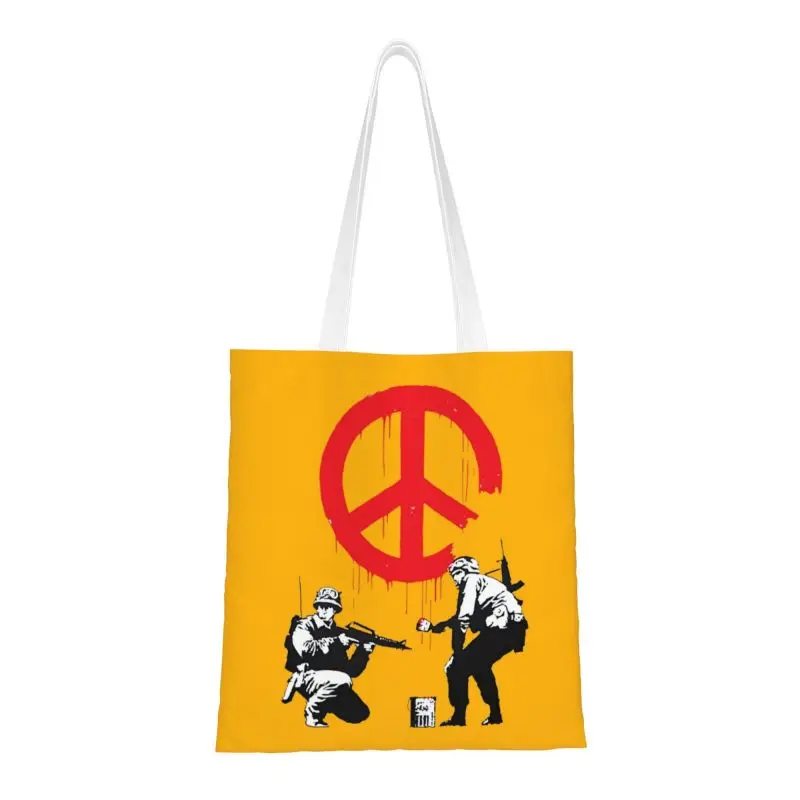 

Banksy Soldiers Groceries Tote Shopping Bags Women Street Graffiti Artist Canvas Shopper Shoulder Bag Big Capacity Handbags