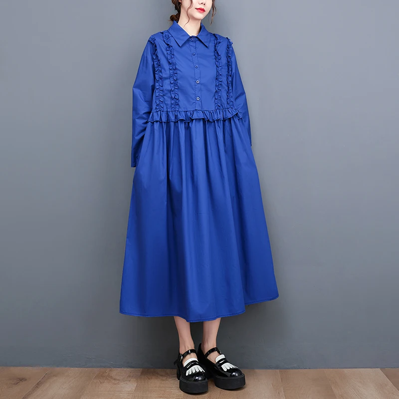 

2023 Autumn New Korea Woman Dress Vestidos Robe Elbise Cotton Loose POLO Collar Plus Size Long Sleeve Solid Shirt Dress