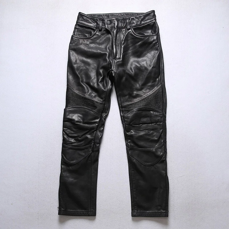 

PK999 RockCanRoll 1.3mm Tanned Genuine Cow Leather Motorcycle Rider Pants Vintage Heavy Thick Durable Stylish Cowhide Trousers