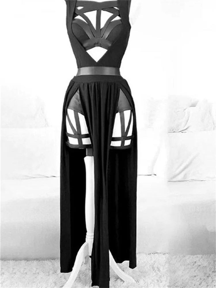 

Retro Gothic Club Sexy Summer Skirt Set Women Sleeveless Black Corset Crop Top 2023 Bandage Underpants Mesh Split Skirt 3pcs Set