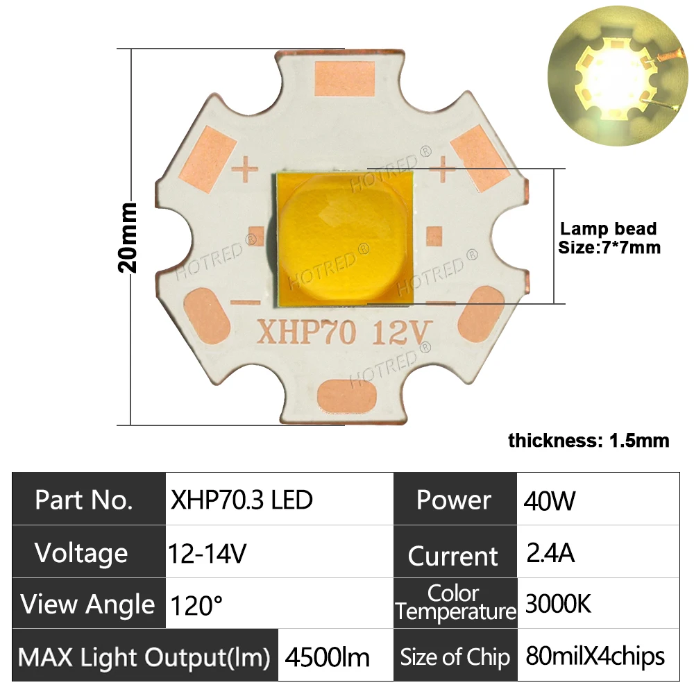 

HotRed 40W XHP70.3LED фонарик холодный/теплый белый