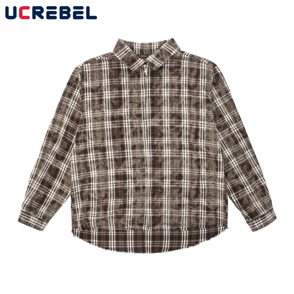 

Осенняя Повседневная клетчатая рубашка с длинными рукавами, Мужская Уличная одежда, Свободный кардиган на молнии с лацканами и изогнутым подолом