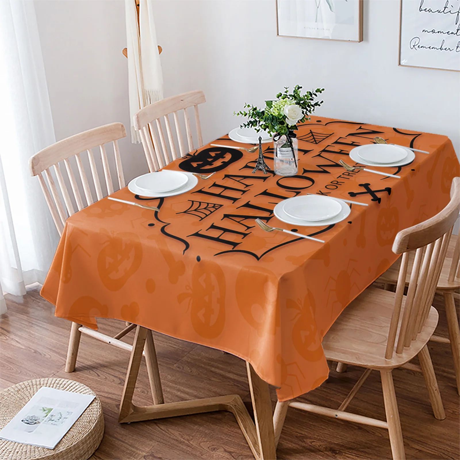 

Halloween Pumpkin Orange Bone Table Cloth Waterproof Dining Tablecloth Kitchen Decorative Party Table Cover