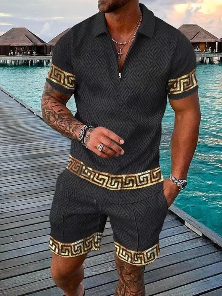 New High-Quality Men's T-shirt Suit Summer Fashion Luxury 3D Printed Men's POLO Shirt Short Sleeve and Shorts 2-Piece Street Set
