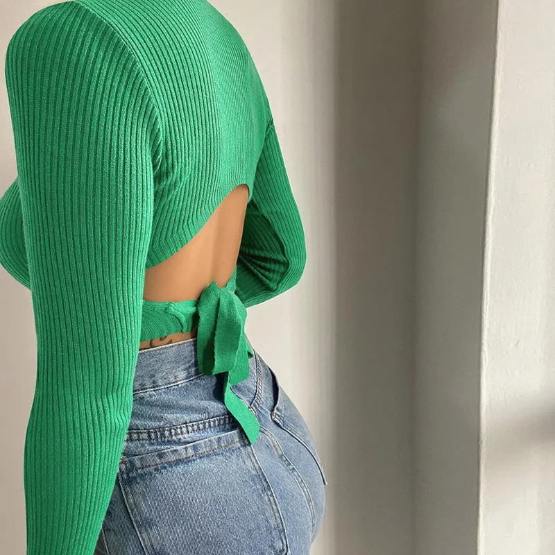 

Womon Hollow Out Sexy Tshirt Bandage Backless Long Sleeve Tops Harajuku Slim Bodycon Streetwear Knitted Tees