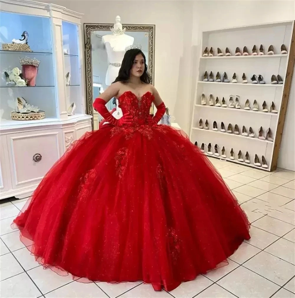 ANGELSBRIDEP Red Ball Gown Quinceanera Dresses 15 Party Sexy Strapless 3D Flower LaceTulle Formal Cinderella Birthday Gown HOT