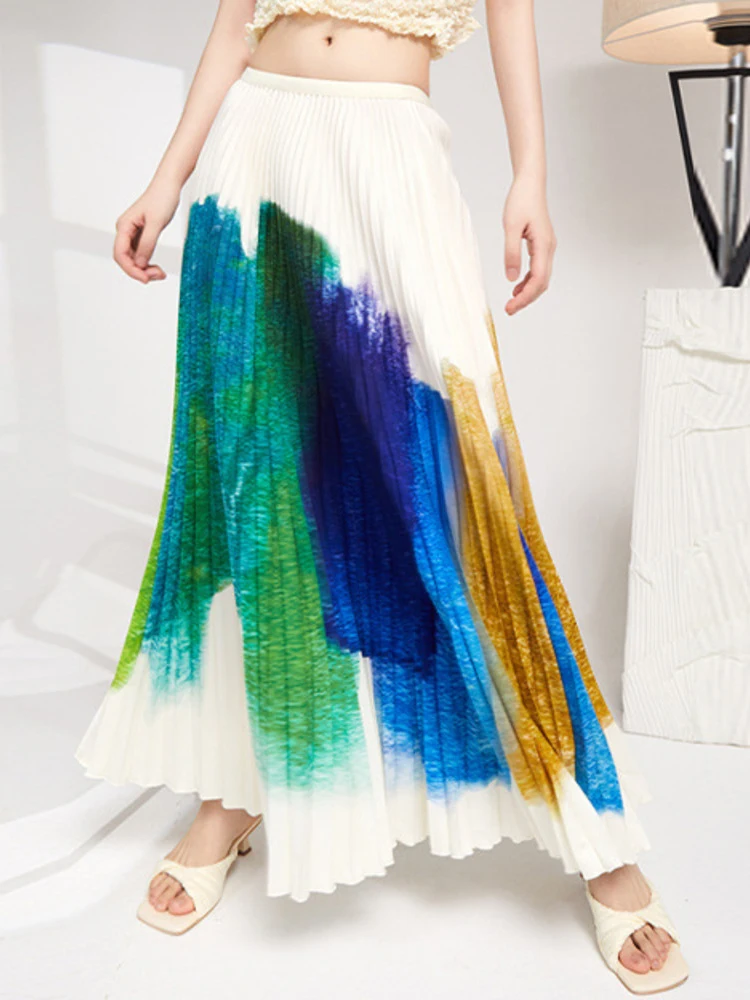 

2022 Spring Autumn New Fashion Trend Pleated Printing High Waist Skirts A-line Temperament Loose Big Size Female