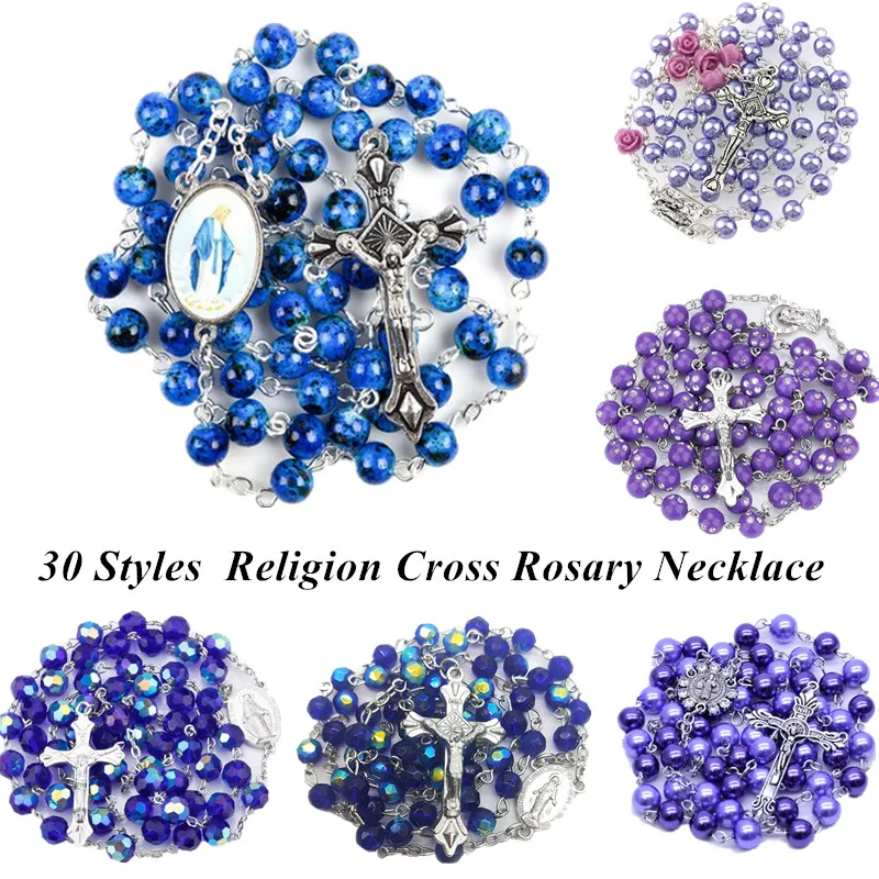 

Handmade 30 Styles Religion Cross Pendant Rosary Necklace Glass Catholic Christian Choker Bead-Chain Prayer Jewelry For Unisex