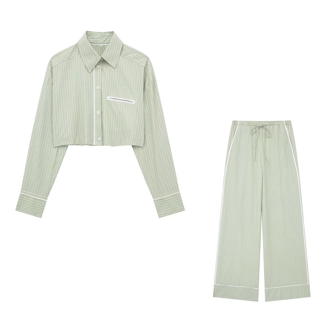 

Summer Green Striped Pants 2-Piece Sets Lapel Single Breasted Short Shirt And Waist Elastic Drawstring Mid-Waist Straight Pant