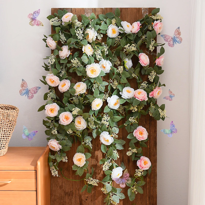 

6.5FT 2M Flower Garland Artificial Rose Vine Floral Garland Fake Silk Flower Vines for Backdrop Wedding Decor Table Centerpiece