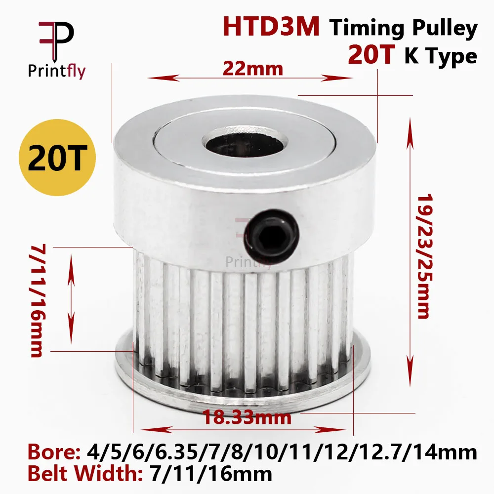 HTD3M 20Teeth Timing Pulley Bore 4/5/6/6.35/7/8/10/11/12/12.7/14mm Belt Width 7/11/16mm 20T K Type For 6/10/15mm Belt Pitch 3mm