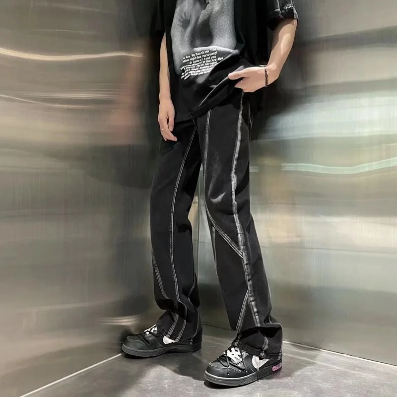 Baggy Black Jeans Men Fashion Retro Tie Dye Jeans Mens Japanese Streetwear Loose Hip Hop Straight Denim Pants Mens Trousers