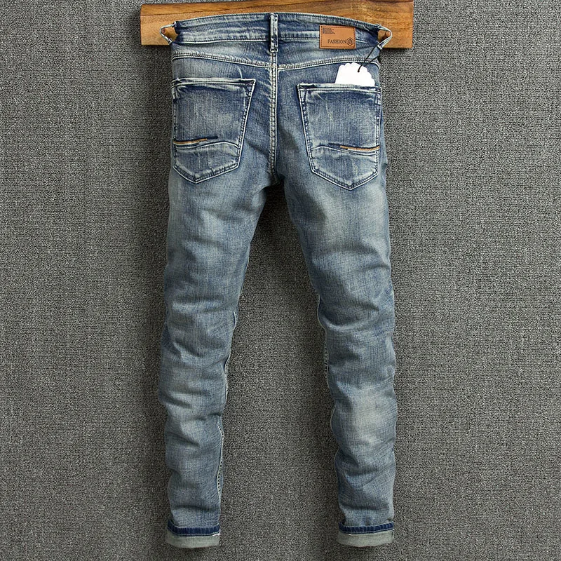Streetwear Fashion Men Jeans Retro Blue Elastic Slim Fit Ripped Jeans Men Patched Designer Vintage Casual Denim Pants Hombre