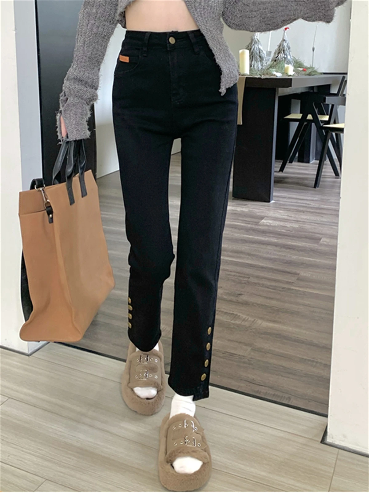 Personalized Nine-Point Jeans Women's Spring 2023 New High-Waisted Slim Irregular Elastic Straight Pants