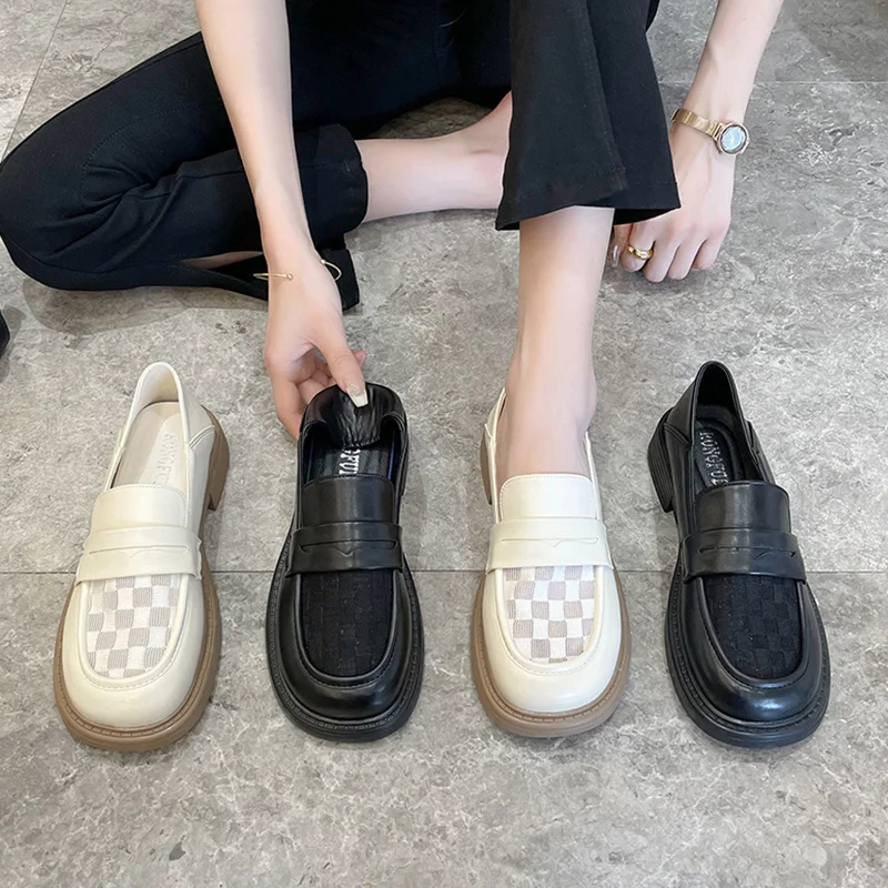 

Casual Woman Shoe Autumn Loafers With Fur British Style Oxfords Female Footwear All-Match Round Toe Fall Slip-on Preppy New Leat