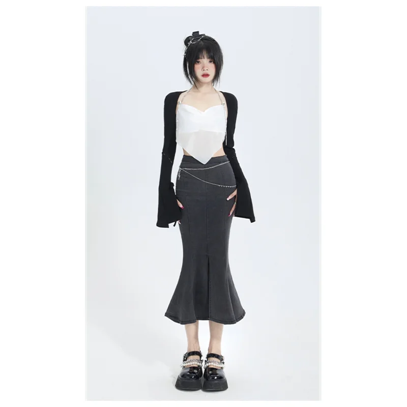 

Black Denim Skirt Y2k Korean Fashion Women's Dress 2022 High Waist Vintage Sexy Midi Skirt Streetwear Women's Long Dress