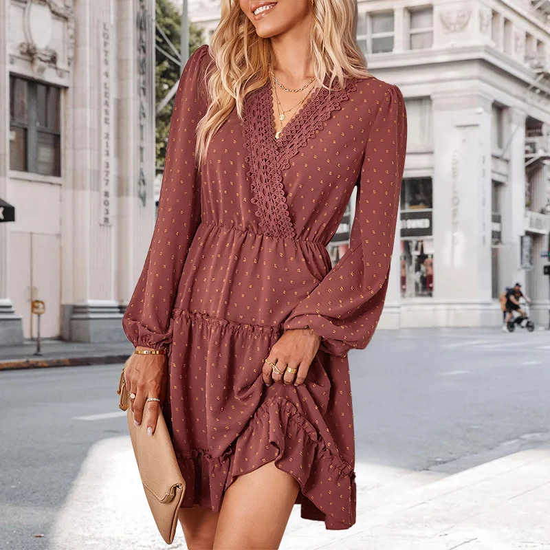

YEMOGGY Women's Lace Full Sleeve Dress for Autumn 2023 New Korean Fashion Dress for Female V-Neck Waist Slim A-Line Mini Dress