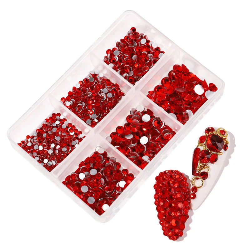 

1Box Red Crystal Flat Back Glass Nail Rhinestones 3D Multi-Size Dazzling Diamonds Nail Art Decoration Nail Charm Gem For Manicur