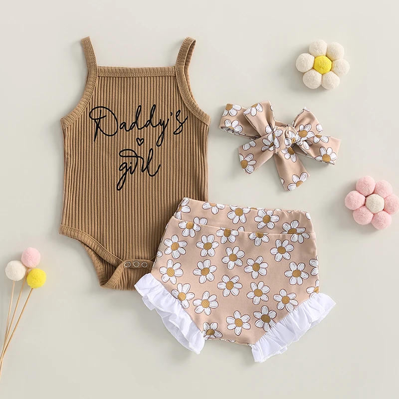 

0-18M Newborn Infant Baby Girl Clothes Suits Letter Print Knit Rib Sleeveless Romper Cute Floral Print Shorts Headband 3Pcs Set